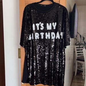 Black Sequin Statement Tee with White Text